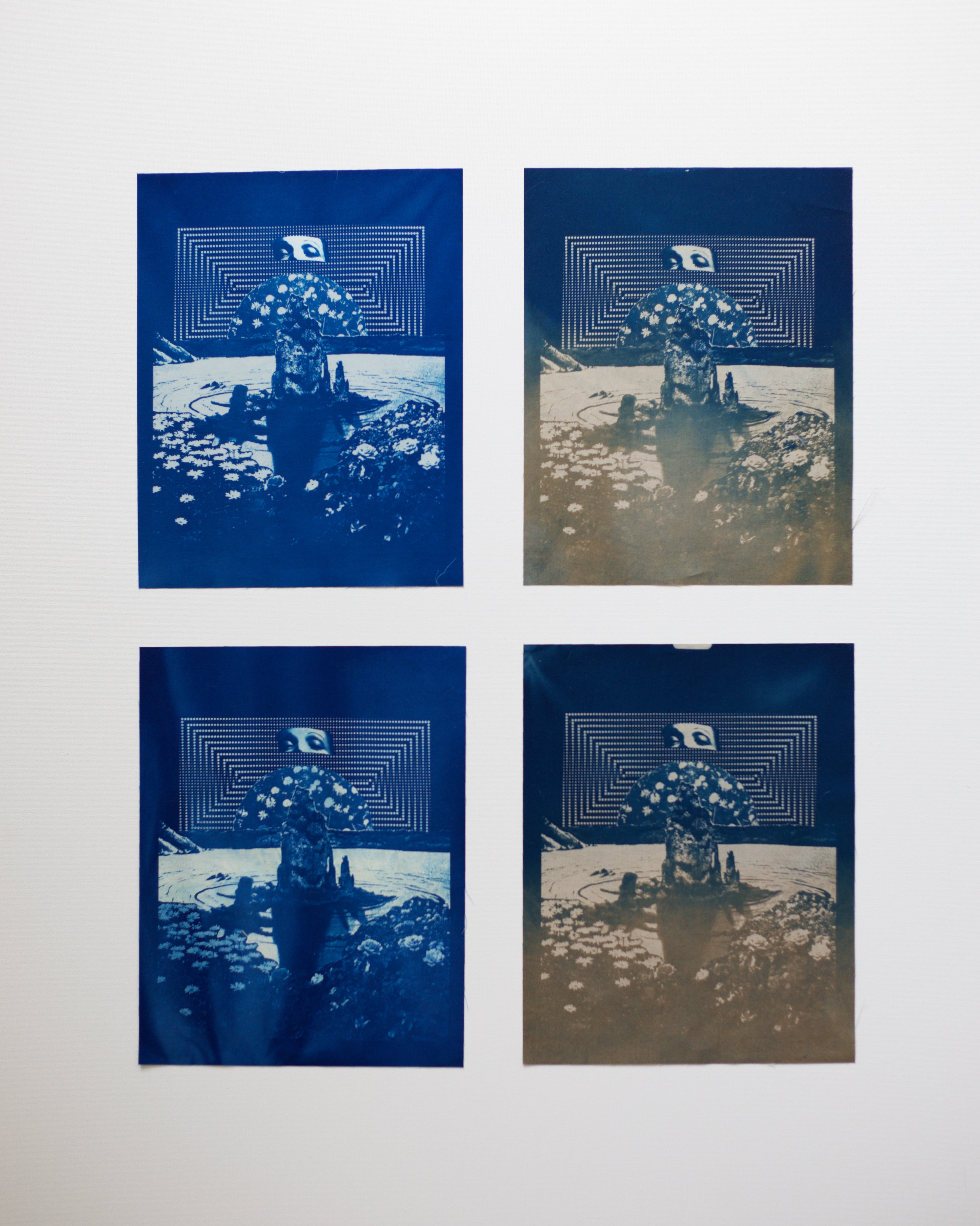 Four blue-toned cyanotype prints of a lunar landing scene with a flag on a white background
