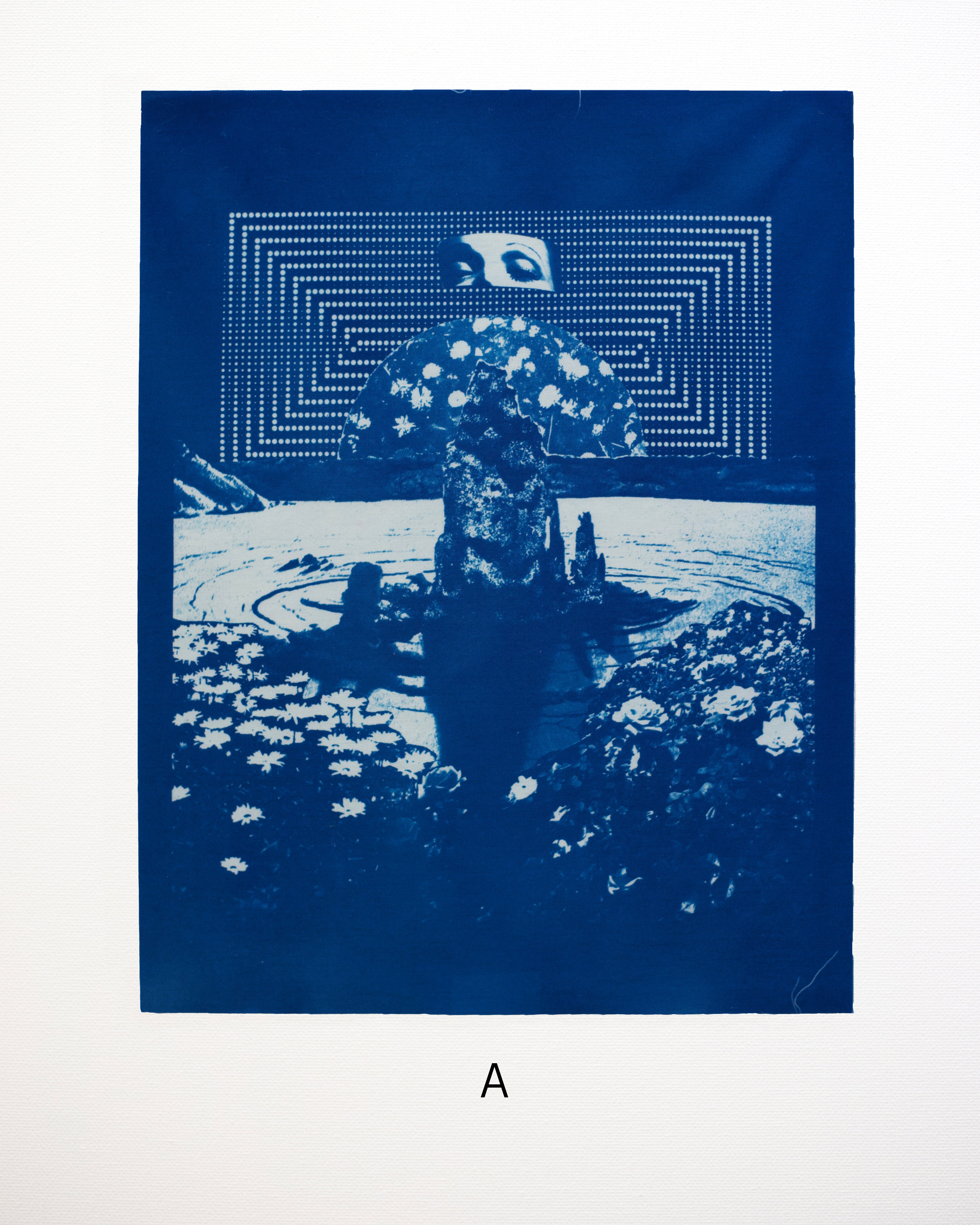 Blue-toned cyanotype artwork with a eyes holding overlooking a body of water and flowers