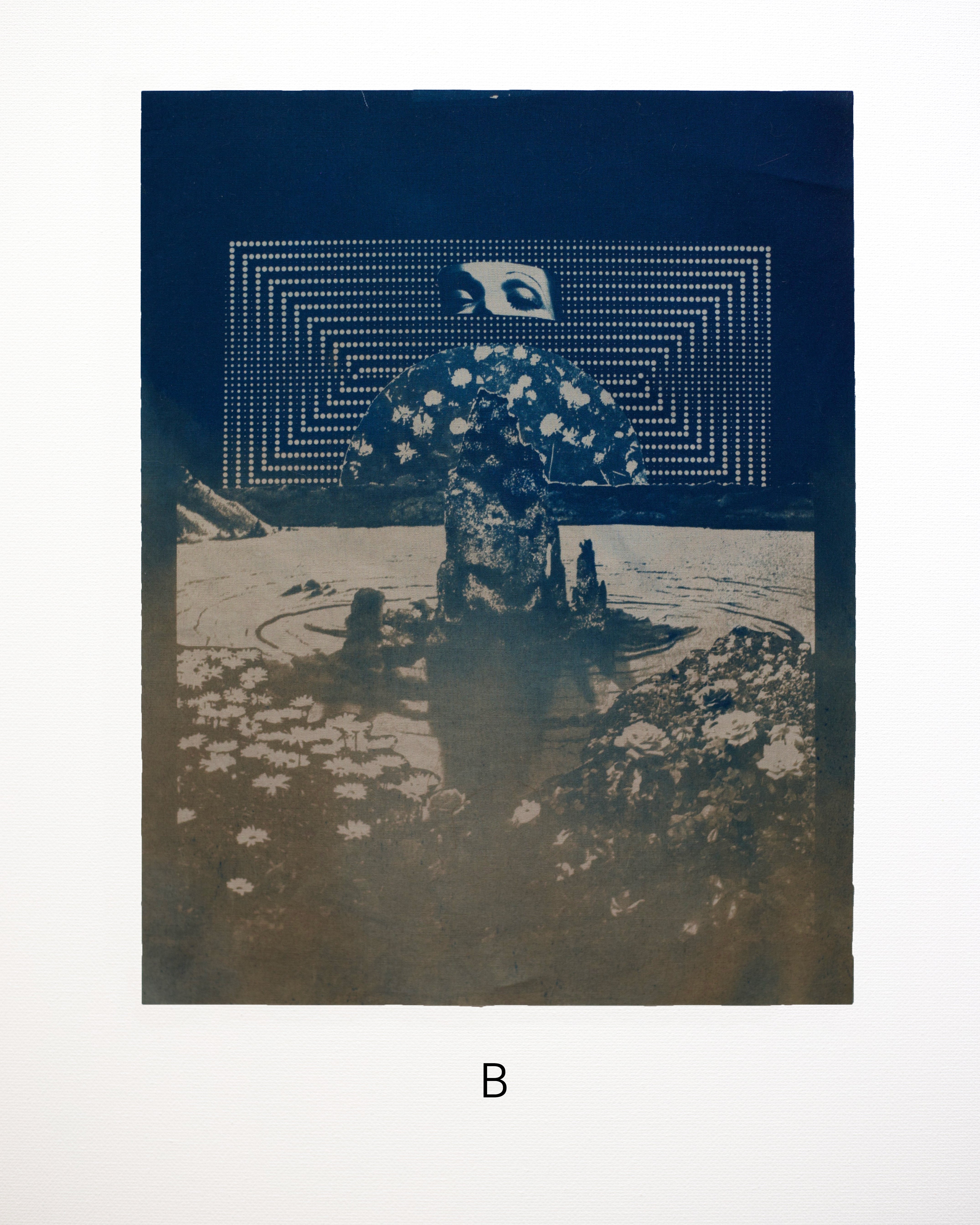 Blue-toned cyanotype artwork with a eyes holding overlooking a body of water and flowers
