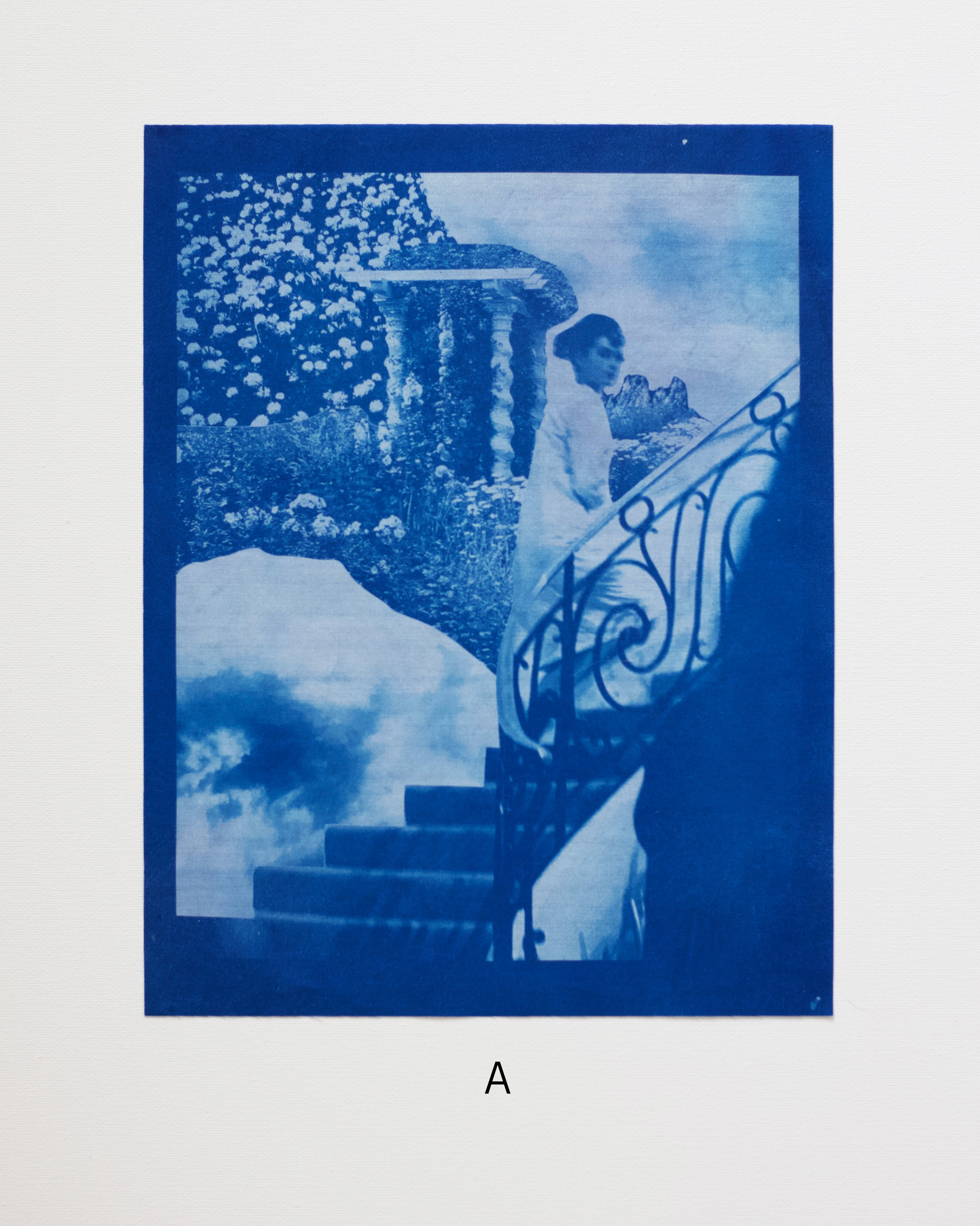 Blue-toned cyanotype collage of a person standing on a staircase with a garden in the background